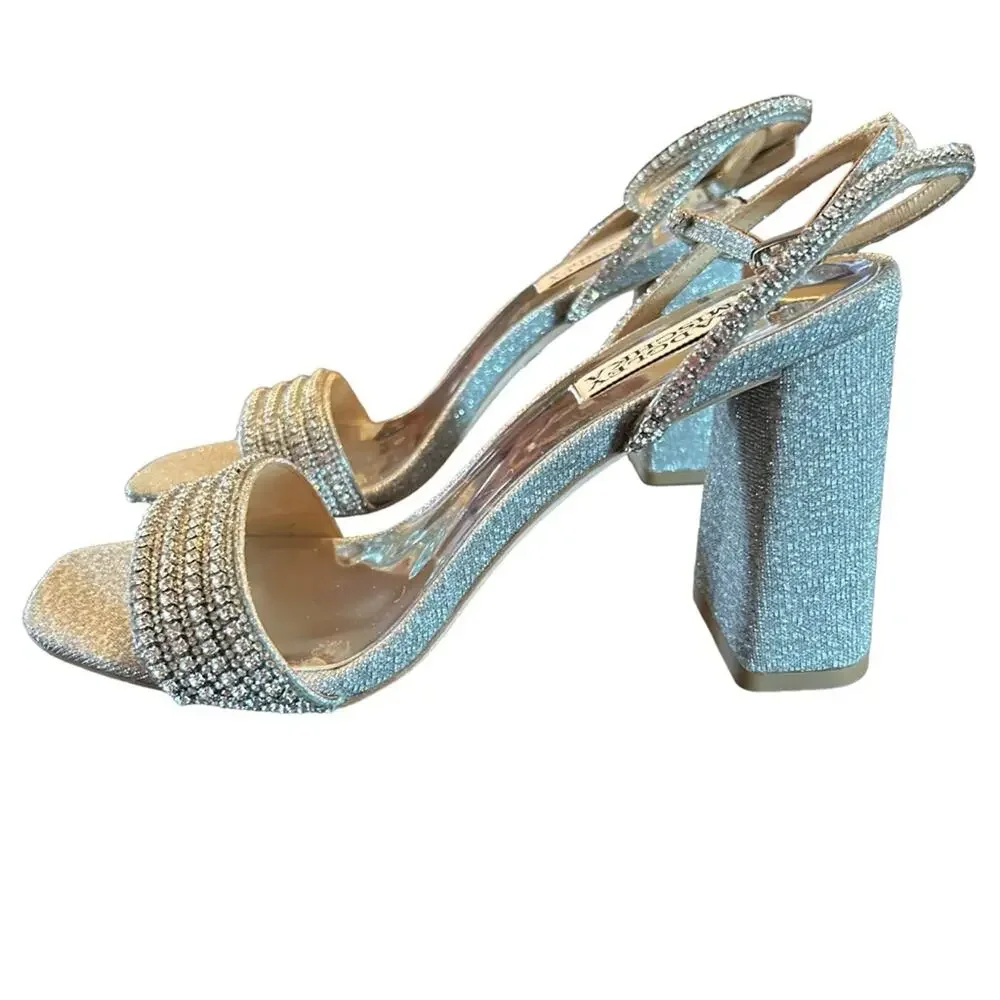 Badgley Mischka Becca Strappy Block Heels Silver Metallic Rhinestone NEW Size 7